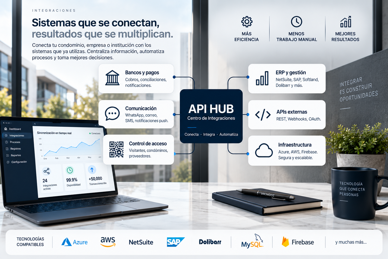 Centro de Integraciones Vikingoz con API Hub, ERP, bancos, mensajería, APIs, nube y Vikingoz Access