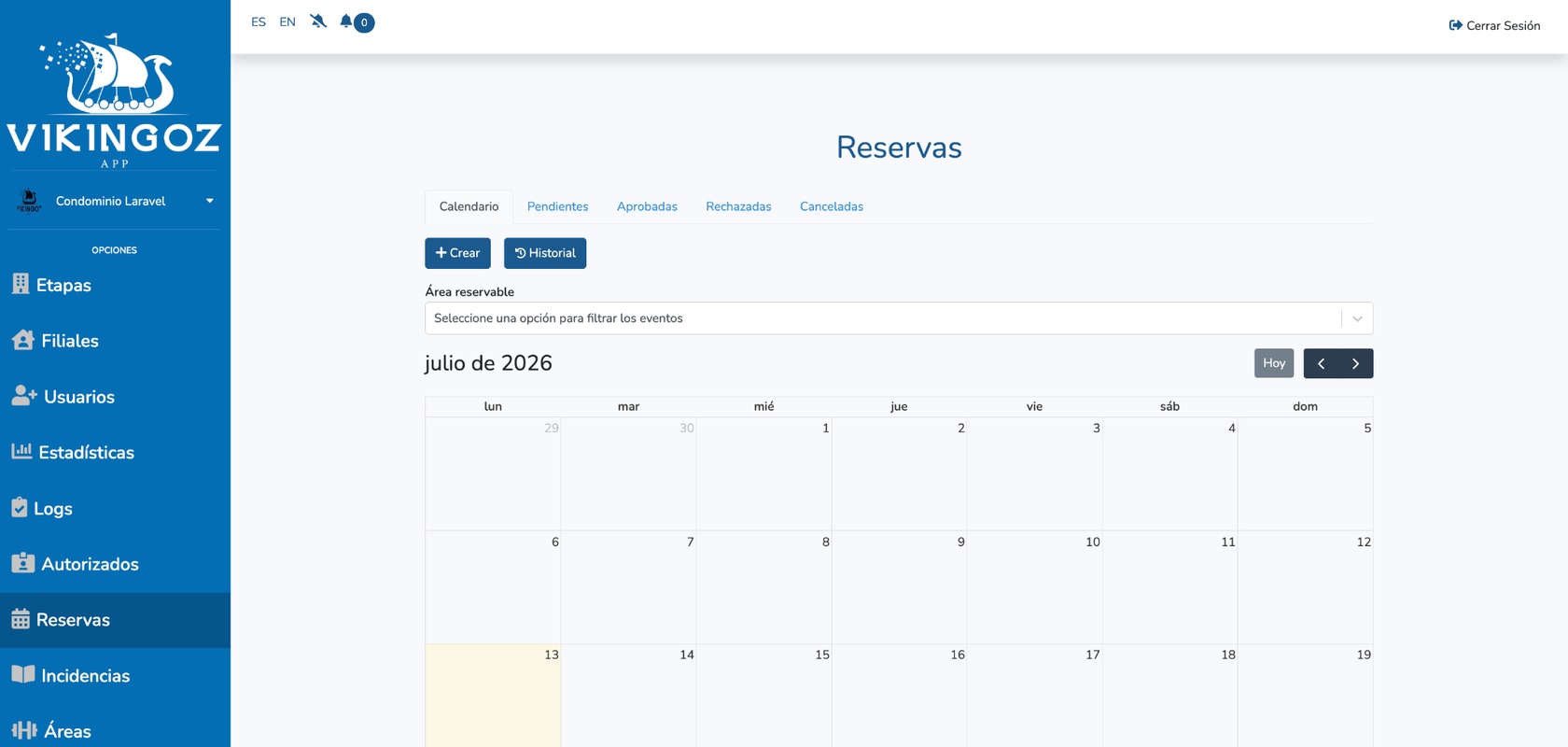Panel web administrativo de Residence mostrando reservas